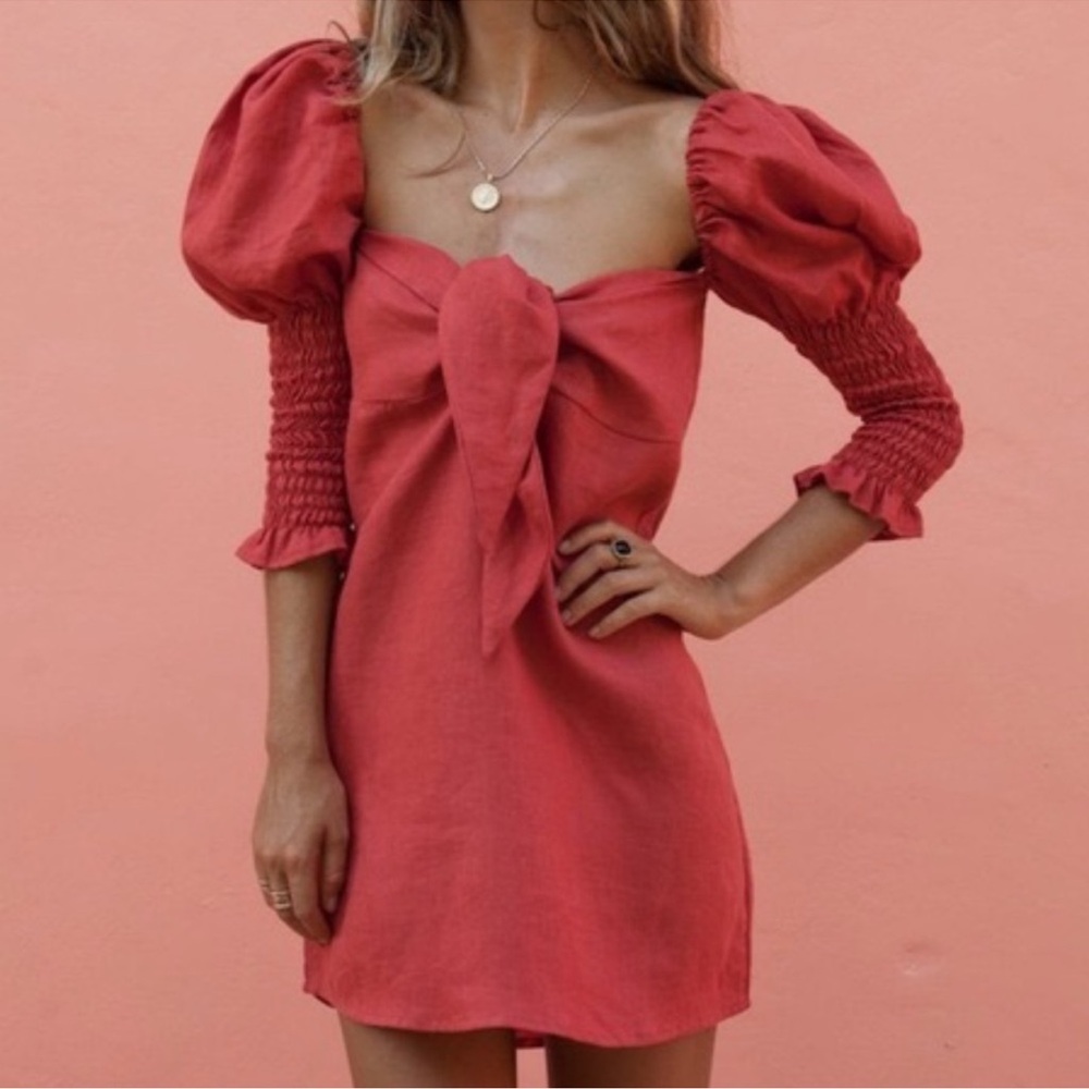 POSSE The Label Linen Red Salmon Puff Sleeve Dress - Dakota Dress